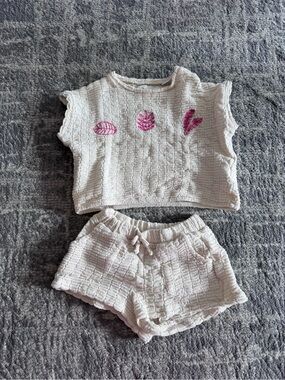 Zara Cream Knit Girls Matching Set with Pink Leaf Embroidery